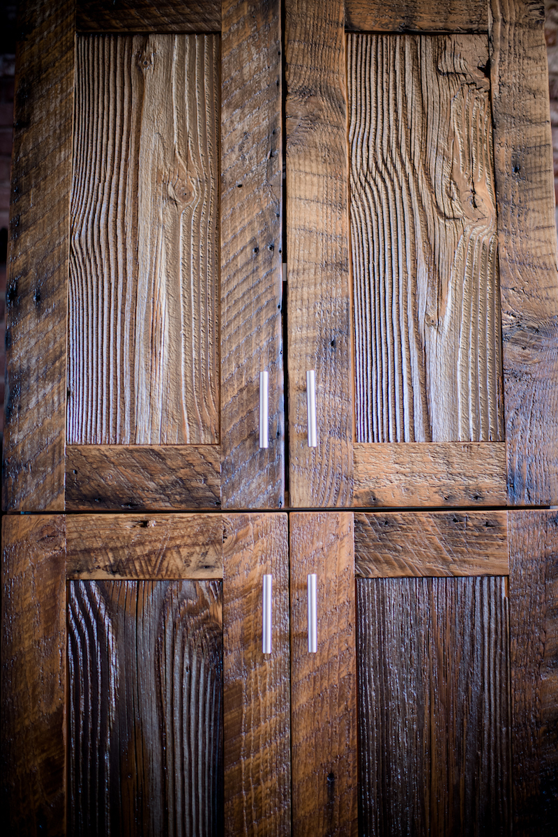 Close-up of repurposed wood cabinet at Mortenson Construction office