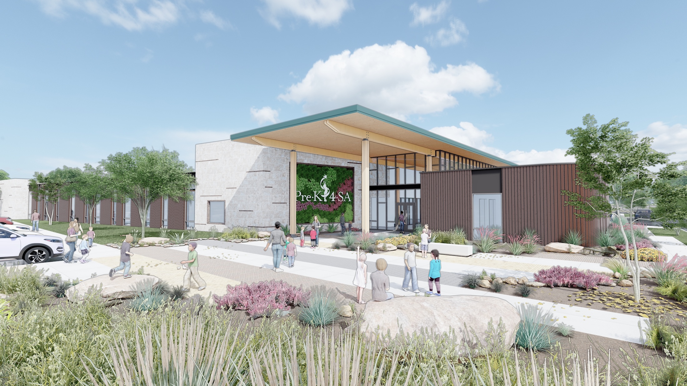 San Antonio's Pre-K 4 SA school will provide early childhood education to a traditionally under-resourced region. Rendering courtesy Pfluger Architects