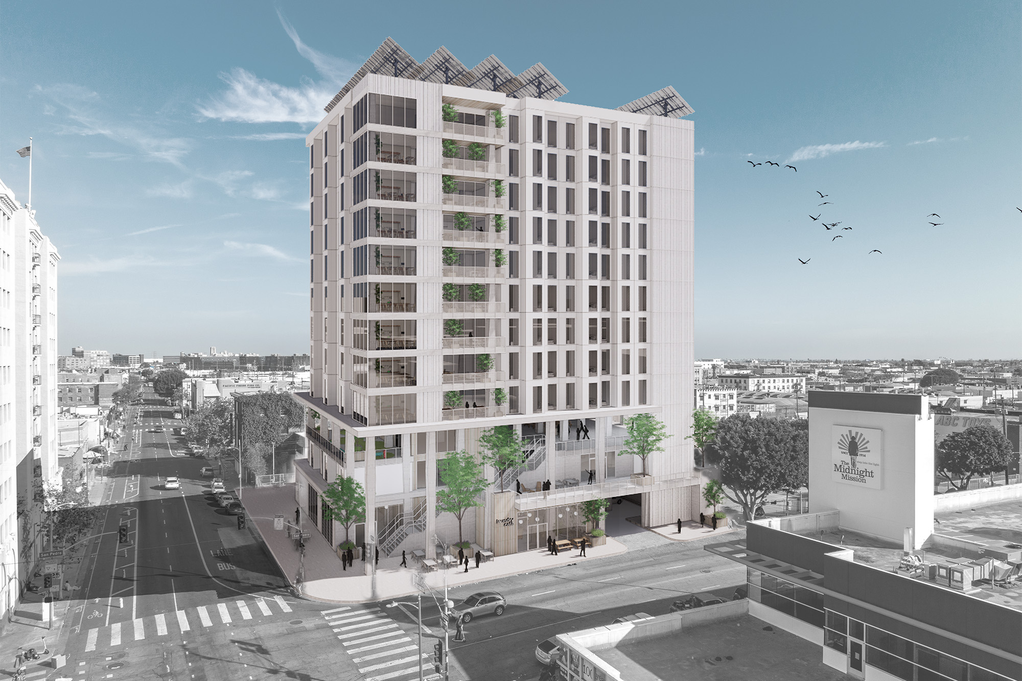 Exterior concept of supportive housing development on Skid Row