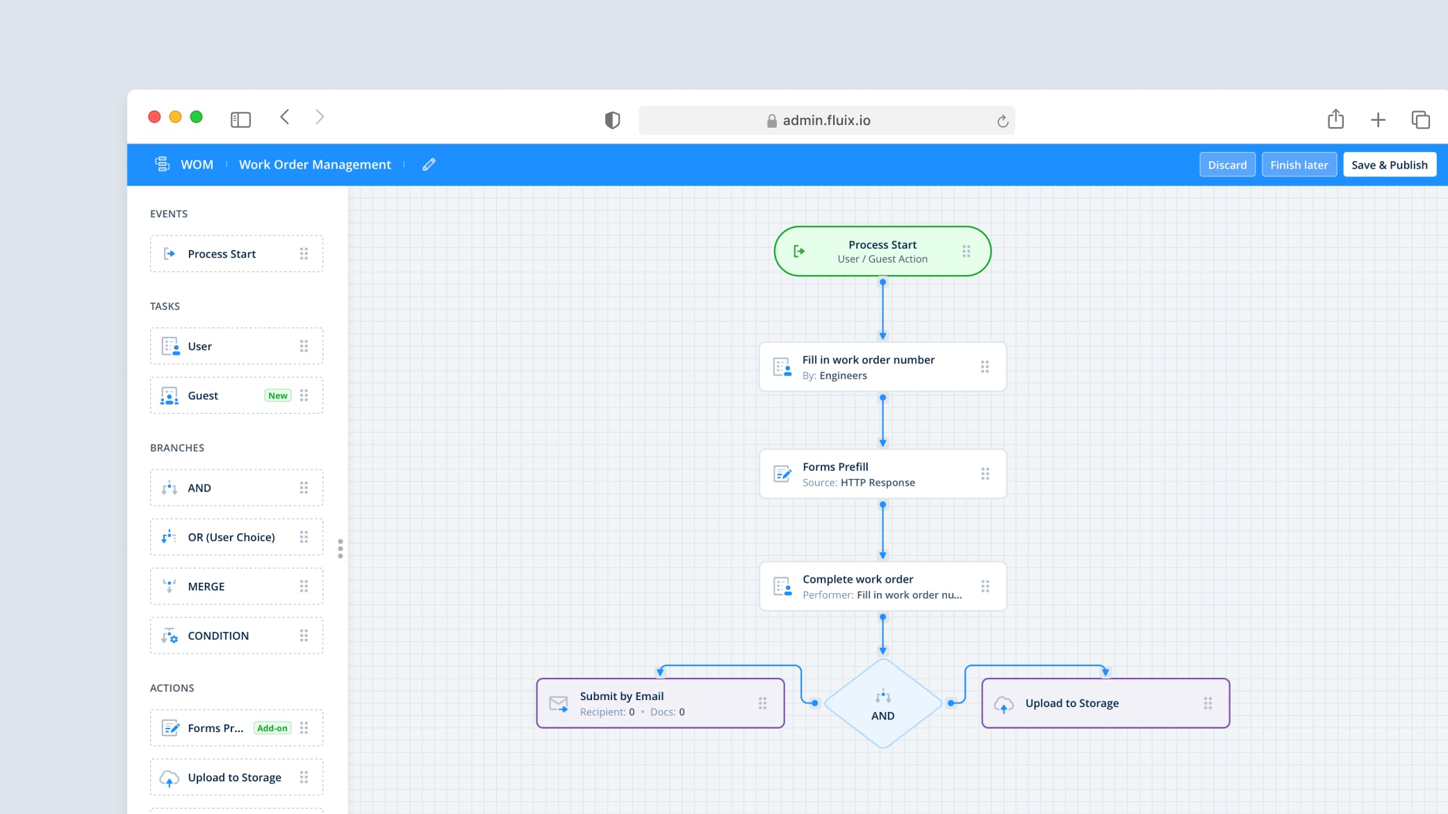 An example of a work order management workflow mapped within the automation software