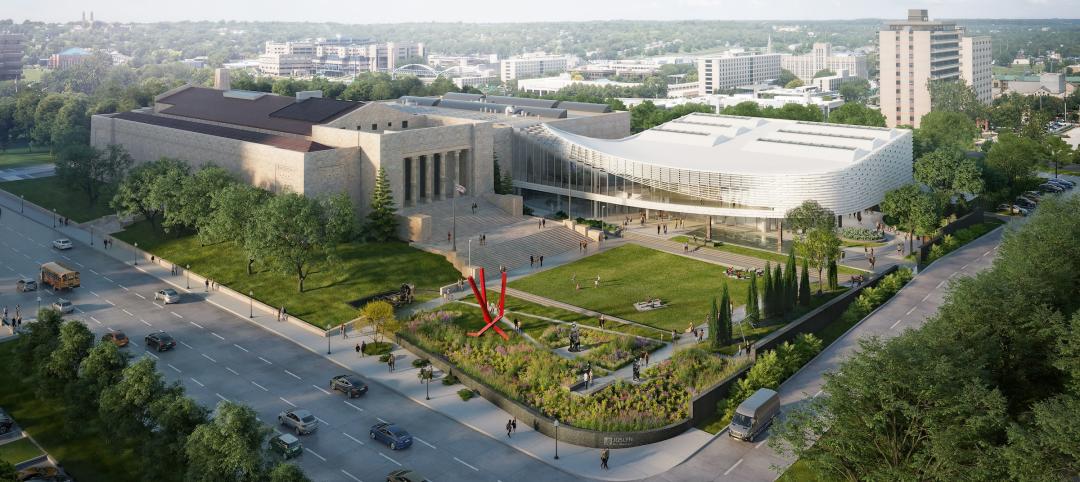 Southeast aerial view of the Joslyn Art Museum. Rendering courtesy Moare