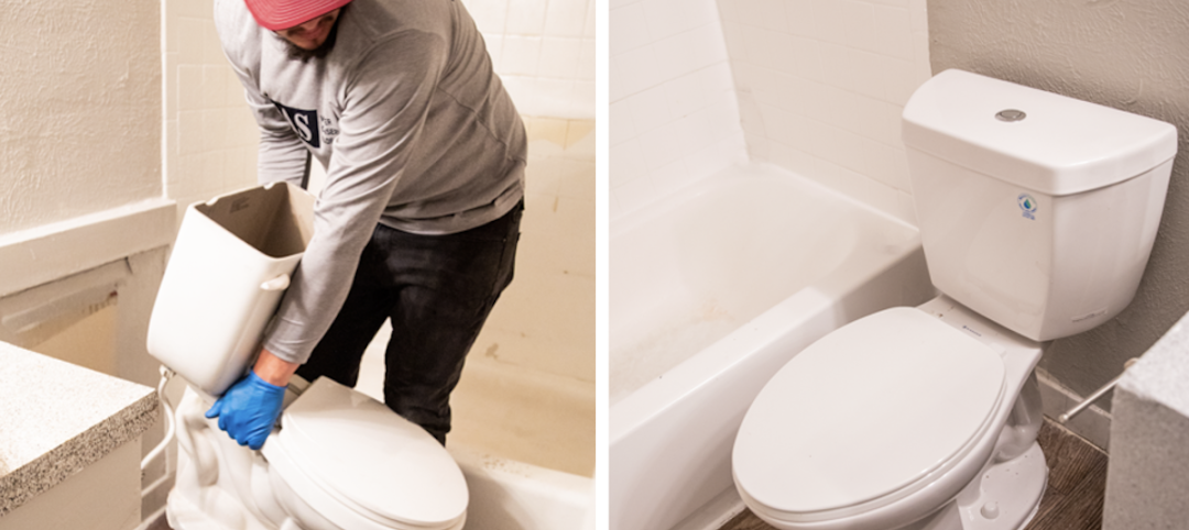 An SAS plumber replaces an existing toilet with a Niagara The Original 0.8 GPF toilet at The Jones Apartments, Arlington, Texas. Photos: Courtesy Niagara