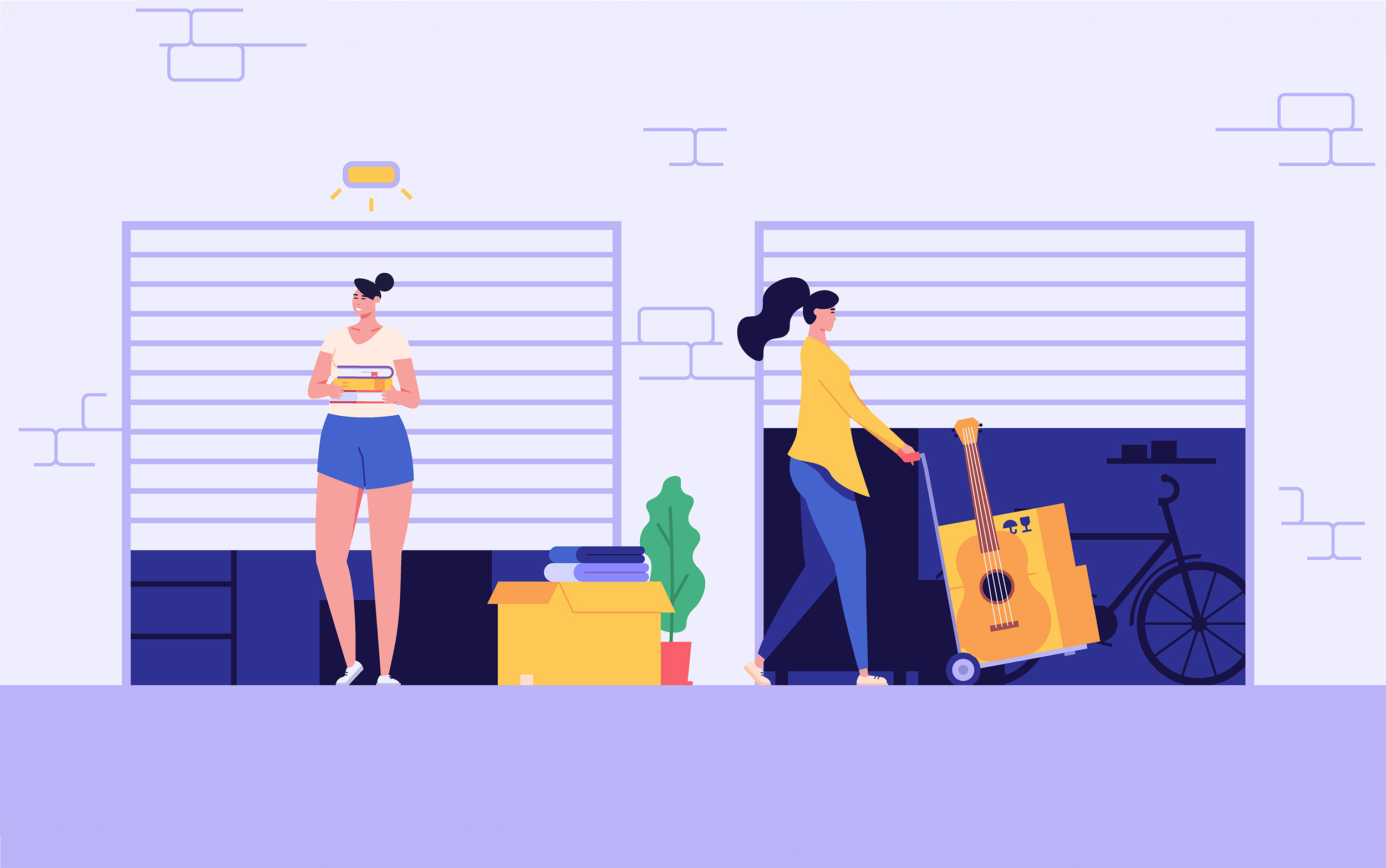 Neighbors keeping personal items in rental self-storage units. Man and women holding boxes. Concept of self storage unit, small mini warehouse, rental garage. Vector illustration in flat design