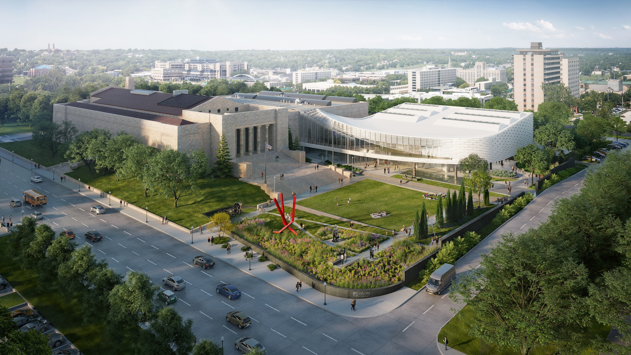 Southeast aerial view of the Joslyn Art Museum. Rendering courtesy Moare