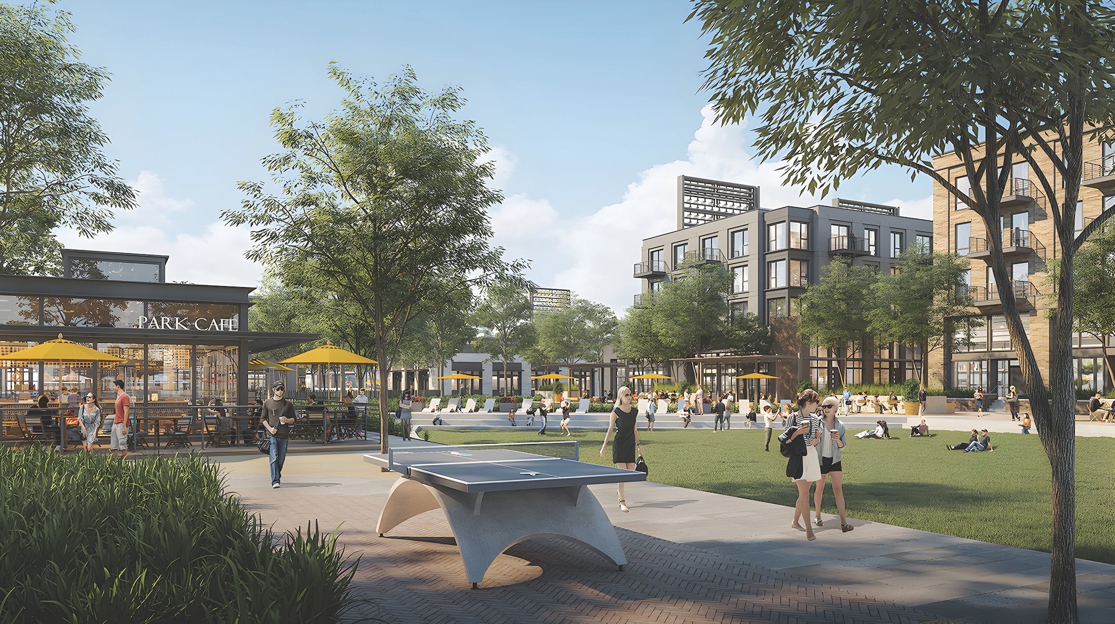 Downtown Daybreak’s first phase will include spaces for retail, food and beverage, offices, apartments, and outdoor parks and recreation. Rendering: MVE + Partners