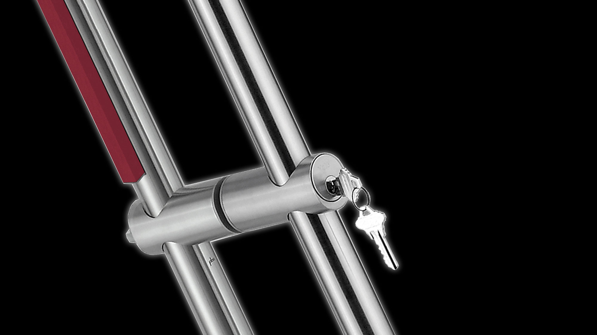A close up view of a single motion unlocking door pull