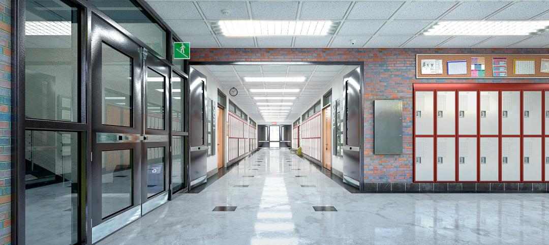 School hall and corridor interior. 3d illustration